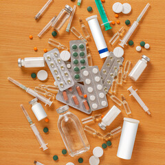 Various medicines pills ampoules syringes in hospital
