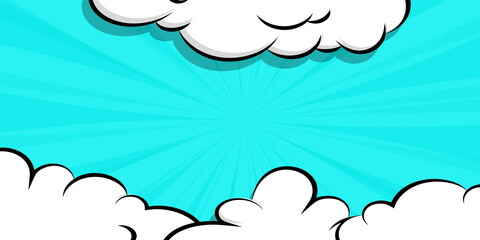 Comic book cartoon speech bubble for text. Cartoon puff cloud blue background for text template. Pop art dialog conversation funny smoke steam. Comics explosion symbol.