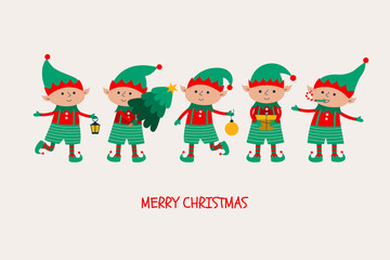 Christmas elves with gift, tree, ball, flashlight