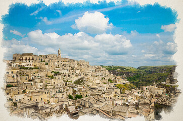 Fototapeta na wymiar Watercolor drawing of Matera panoramic view of historical centre Sasso Caveoso Sassi old ancient town with rock houses with blue sky white clouds, European Culture Capital, Basilicata, Southern Italy