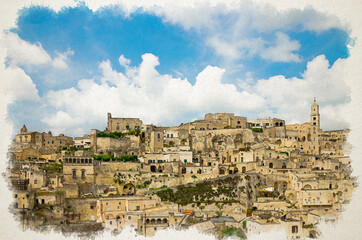 Fototapeta na wymiar Watercolor drawing of Sassi di Matera panoramic view of historical centre Sasso Caveoso of old ancient town with rock cave houses in front of blue sky and white clouds, Basilicata, Southern Italy
