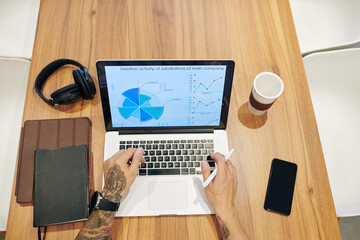 Hands of financial analyst checking report on laptop screen when working at desk, view from above