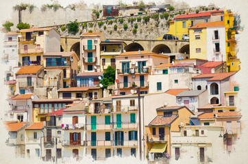 Watercolor drawing of Beautiful colorful multicolored traditional typical italian houses buildings close up at seaside town village Scilla of Tyrrhenian sea coast shore, Calabria, Southern Italy