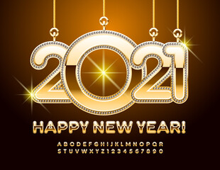 Vector greeting card Happy New Year with Decorative chic toys. Gold glossy Font. Premium Alphabet Letters and Numbers set