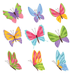 Watercolor colors butterflies isolated on white background. Pretty butterfly set with spring palette for child.