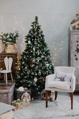 Feast of Christmas. Beautifully decorated house with a Christmas tree. Scandinavian style