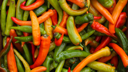Freshly picked green, yellow and red chili peppers. Natural food colorful background.