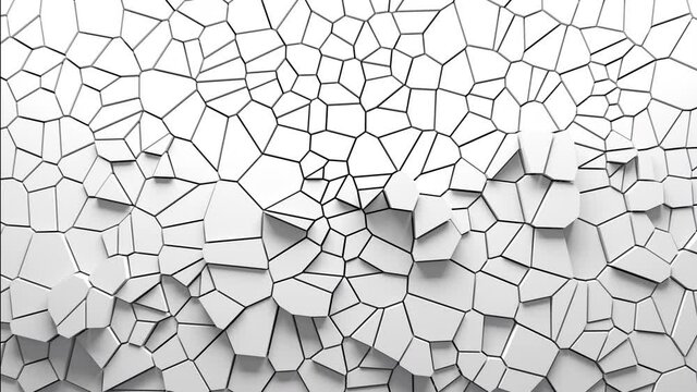 Abstract animation of voronoi blocks moving and extruding. Minimal light clean corporate background. 3D geometric wall loop motion. Polygonal elements cycling displacement video.