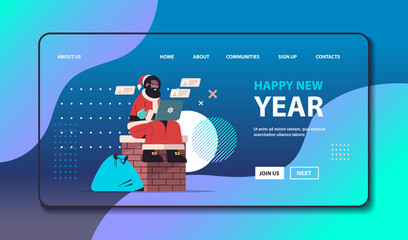 african american santa claus with mask sitting on chimney using laptop happy new year merry christmas holidays celebration concept full length horizontal copy space vector illustration