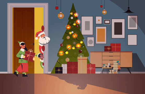 santa claus with elves peeking out from behind door living room with decorated fir tree and garlands new year christmas holidays celebration concept horizontal vector illustration