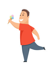 Overweight boy cute chubby child cartoon characters eating ice cream Illustration on a white background.