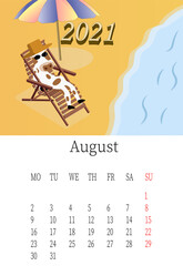 August 2021. Calendar month. On the beach and shore. Editable vector template. Vector illustration in a flat style.