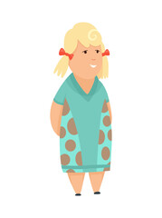 Overweight blond little girl. Fat girl healthy concept.