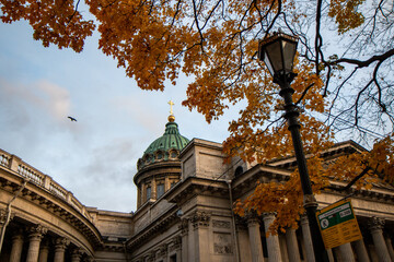 Fototapeta na wymiar autumn sky in the city, cathedral and bird