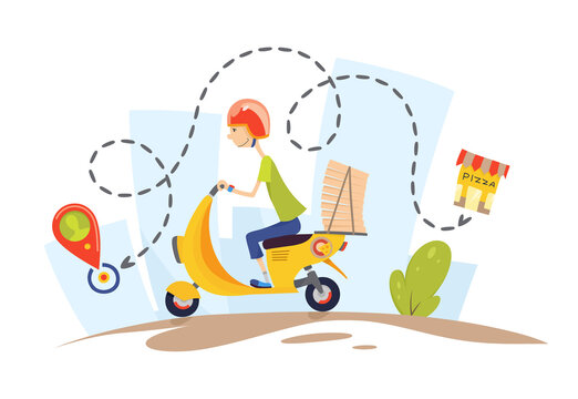 Delivery, the guy on the moped is carrying pizza. Characters. Pizza delivery concept flat design illustration.