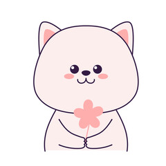 Cute little cat holding flower. Flat design for poster or t-shirt. Vector illustration