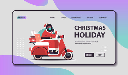 african american santa claus in mask driving scooter delivering gifts merry christmas happy new year holidays celebration concept horizontal copy space vector illustration