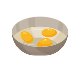 Raw eggs with yolk in a bowl. illustration flat icon isolated on white.