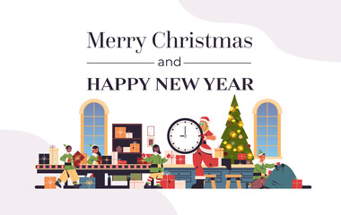 Naklejka premium santa woman holding clock mix race elves putting gifts on conveyor new year christmas holidays celebration concept greeting card horizontal full length vector illustration