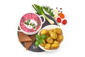 Beetroot soup with fried potatoes, isolated on white background