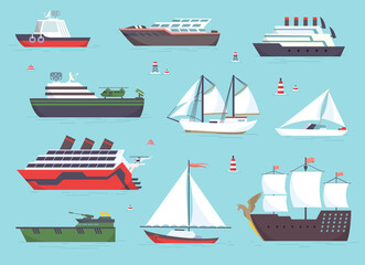 Ships at sea, shipping boats, ocean transport icons set