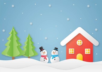 Fototapeta na wymiar Merry christmas and happy new year paper cut card with snowman on blue background. vector illustration.