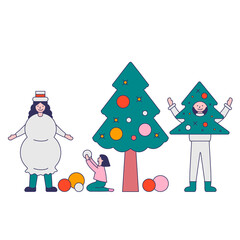 Young beautiful family decorate Christmas tree in costumes