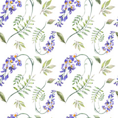 Watercolor illustration. Seamless pattern on a white background with wisteria flowers, green twigs and leaves. Watercolor seamless design for fabric, print, paper, etc.