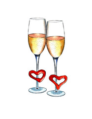 Two glasses of champagne and red hearts isolated on a white background. Watercolor illustration. Valentine's day.
