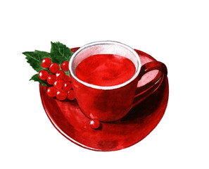 Red Cup with Viburnum tea and a branch of viburnum berries on a white background. Watercolor illustration, healthy drink made from medicinal plants