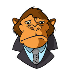 Mascot icon illustration of head of a well-groomed gorilla, ape, primate, wearing business suit and tie on isolated background in retro style. - detective illustration.