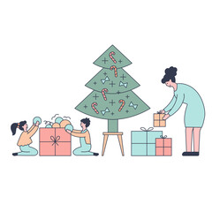 Young beautiful couple preparing gifts . Gifts under christmas tree. Vector illustration in flat design style. New year 2021