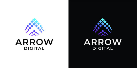 Arrow with digital pixel technology logo design inspiration template