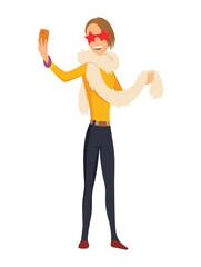 Happy smiling young woman taking selfie photo illustration. Girl taking selfie photographing.