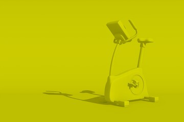 Yellow exercise bike on a yellow background physical exercise at home copy space, 3D rendering