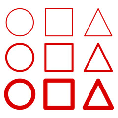 Set of red circle, square, triangle icons. Vector symbols