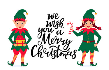 Cheerful elves hold a lollipop and a gift. Greeting card for Christmas and New Year