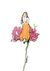花に腰掛ける女性と小鳥のイラスト