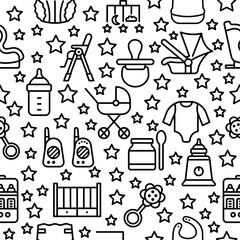 Obraz premium Seamless baby items pattern with flat line icons. Necessary things for the baby and parents icons on white background