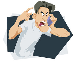 Angry man yelling on phone. Male in rage. Illustration for internet and mobile website.