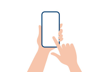 Hands holding a phone and finger touch screen vector