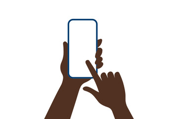 Hands holding a phone and finger touch screen vector