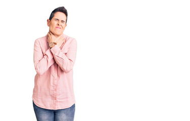 Young woman with short hair wearing casual clothes shouting suffocate because painful strangle. health problem. asphyxiate and suicide concept.