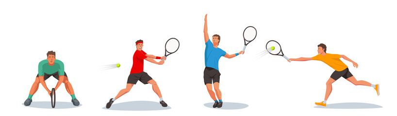 Fototapeta na wymiar Set of tennis players holding a tennis racket and serving a ball. The athlete follows the flight of a ball with his eyes. Vector flat design character illustration