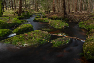 Jezerni creek in autumn color morning with red water and green beautiful stones