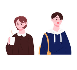 Young Asian single man and woman. A woman drinking coffee and a man carrying eco bags.