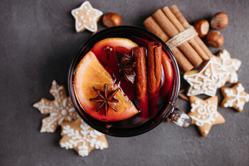 Christmas composition with mulled wine and sweets