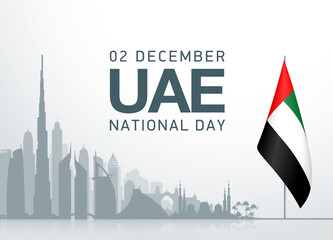 49 UAE Arabic National day banner with UAE flag. 2 december, 49 National day, Spirit of the union United Arab Emirates. Design Anniversary Celebration Card illustration with Dubai Abu Dhabi silhouette © ASEF