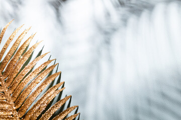 Gold palm leaves and shadows on a blue wall background.