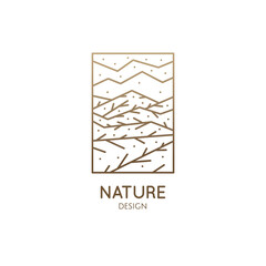 Vector logo of nature elements. Ornamental mountains, plants and fields. Linear icon of mountain landscape with trees, river, clouds. Business emblems for travel, farming, ecology and recycle concept